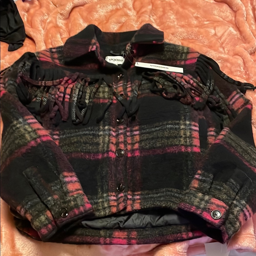 Vigoss Black and Pink Plaid Teddy Jacket